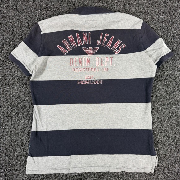 Armani Jeans Other - Armani Jeans Mens XL Polo Shirt Navy Blue Grey Striped Big Spellout Graphic Y2K